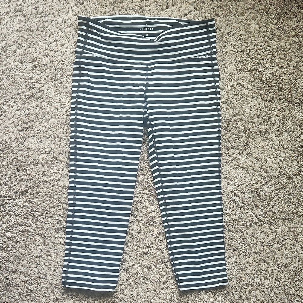 Athleta Black and White Striped Capri Leggings Medium